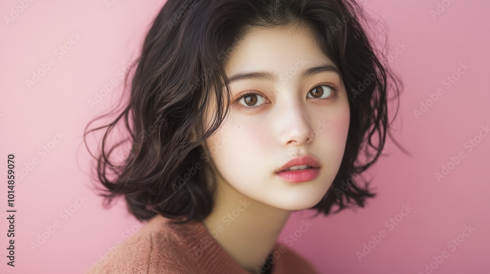 Close-up portrait of a young Asian woman with clean, fresh skin and natural makeup on a pink background. Close-up portrait of a young Asian woman with clean, fresh skin and natural makeup on a pink background.