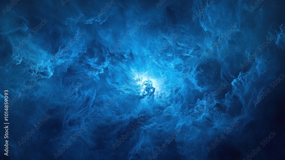 Fototapeta premium Abstract blue swirling clouds with a bright light in the center.