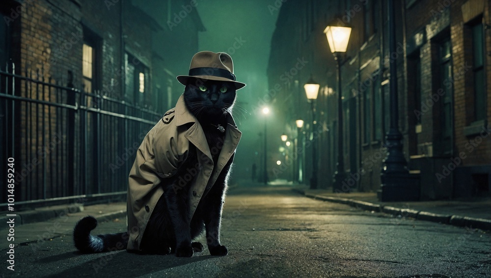 A sleek black cat with green eyes wearing a classic dress