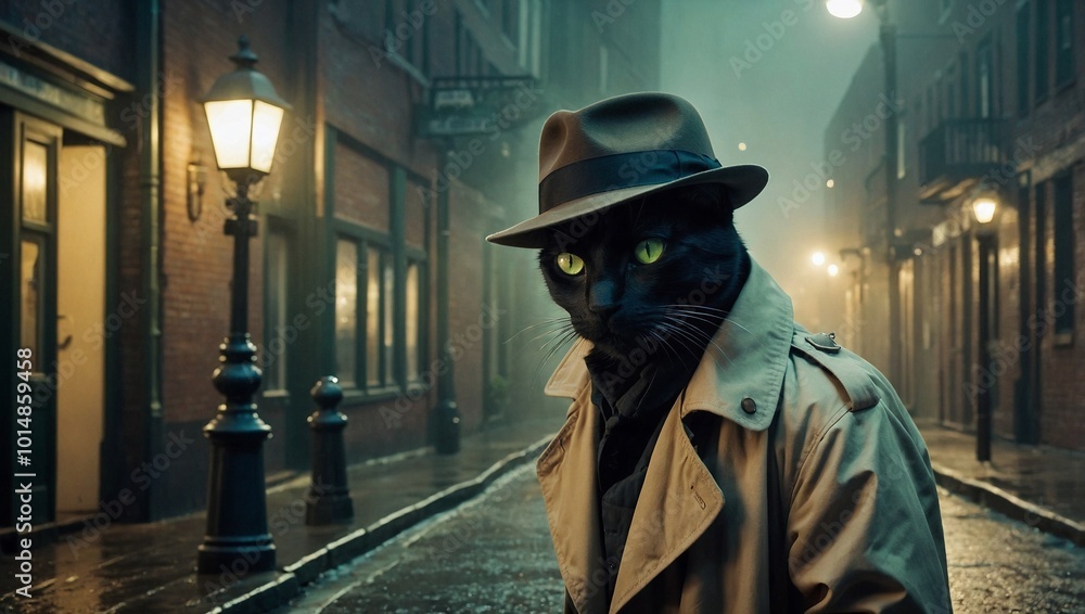 A sleek black cat with green eyes wearing a classic dress