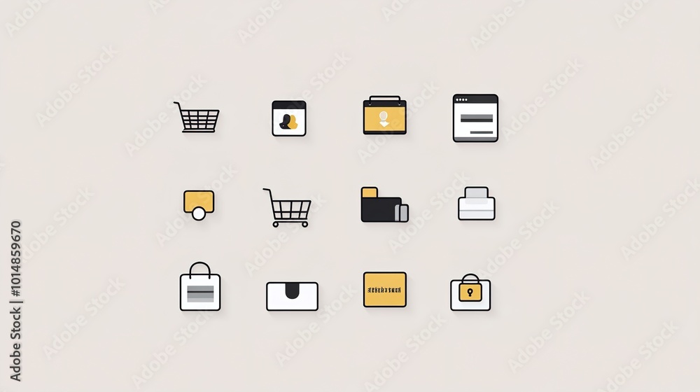A comprehensive set of minimalist, modern icons designed for an e-commerce website. These icons are clean and easily recognizable at small sizes, featuring essential functions such as a shopping cart, A comprehensive set of minimalist, modern icons designed for an e-commerce website. These icons are clean and easily recognizable at small sizes, featuring essential functions such as a shopping cart,