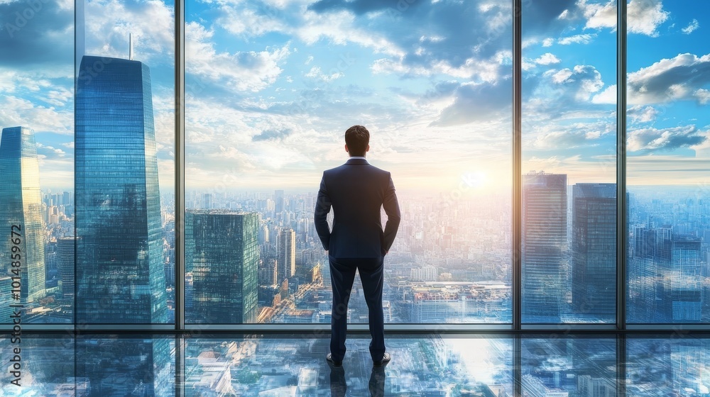 A businessman stands in an office, gazing out at a vibrant city skyline during sunset. A businessman stands in an office, gazing out at a vibrant city skyline during sunset.