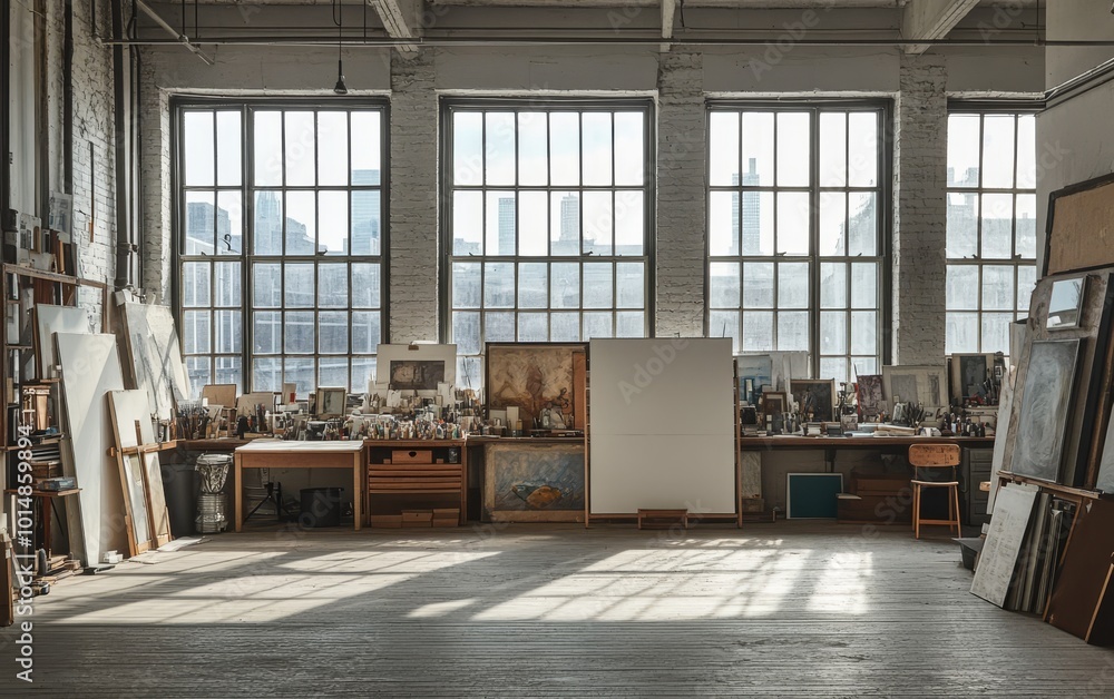 A spacious artist's studio filled with canvases, art supplies, and natural light, ideal for creative work. A spacious artist's studio filled with canvases, art supplies, and natural light, ideal for creative work.