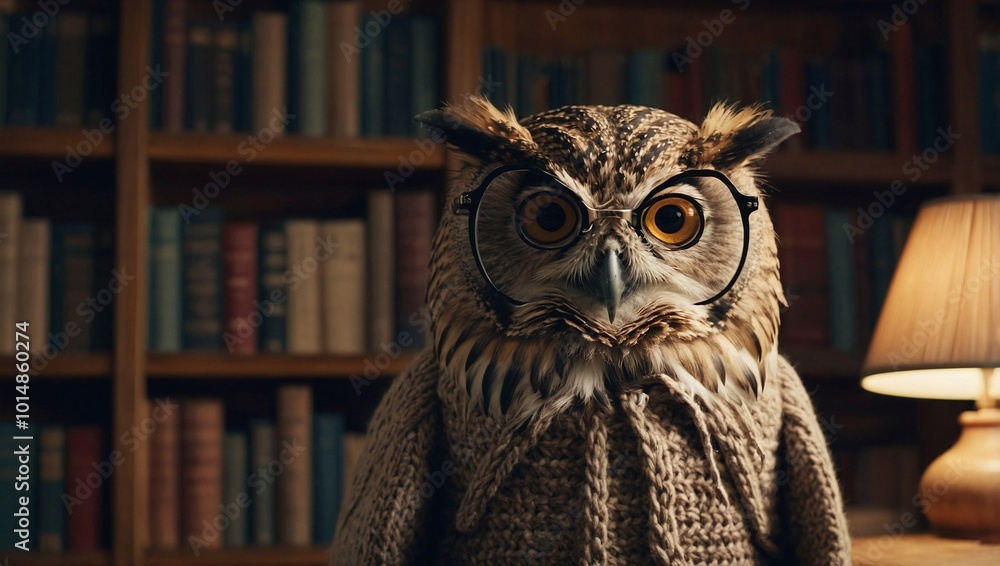 A wise looking owl wearing thick round glasses