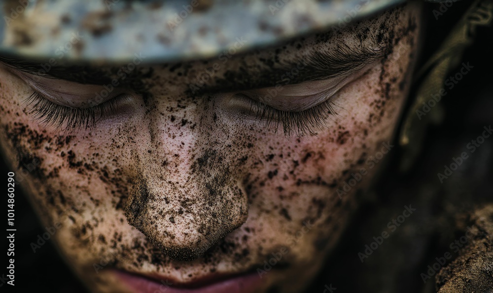 Obraz premium Muddy soldier with closed eyes.
