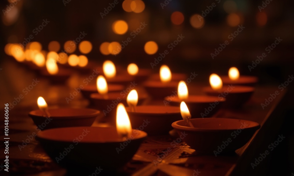Ornate golden diya lamp, glowing candles Ornate golden diya lamp, glowing candles