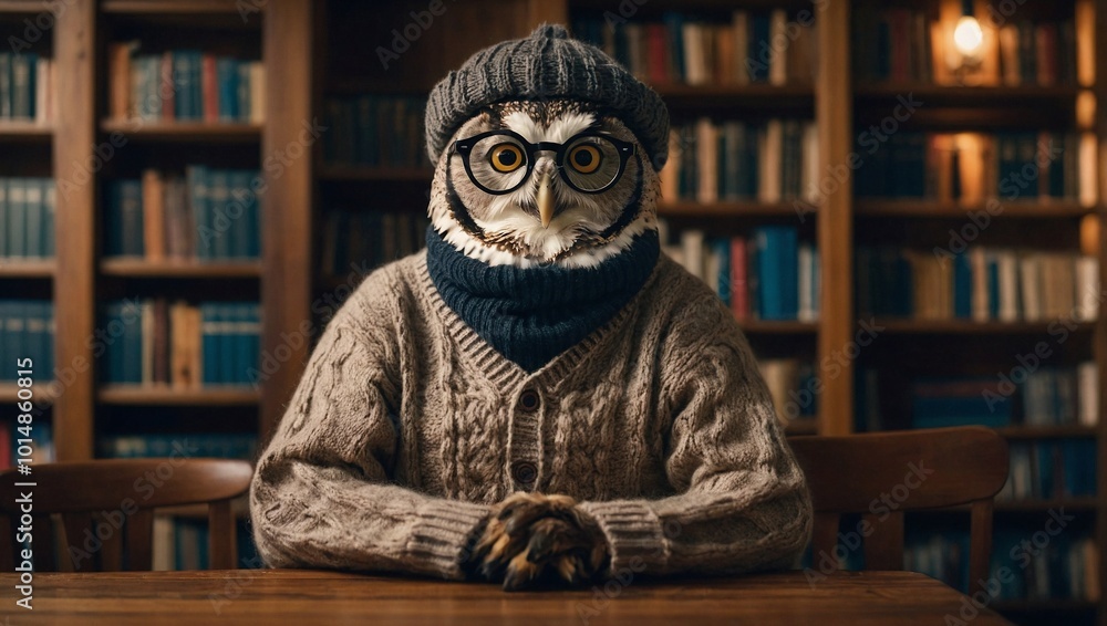 A wise looking owl wearing thick round glasses