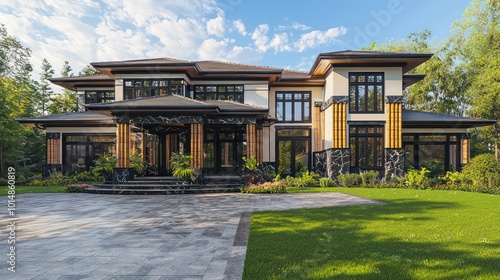 Home design with orchid accents, traditional style, dark marble and bamboo details, expansive windows, chalk-colored roof trim, a granite driveway, and a flourishing green yard