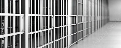 Wallpaper Mural A black-and-white image of a jail cell block with heavy metal doors, emphasizing the bleak and unforgiving nature of incarceration Torontodigital.ca