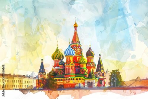 Saint Basil's Cathedral in Moscow, Russia, flat design, front view, iconic architecture theme, watercolor, vivid