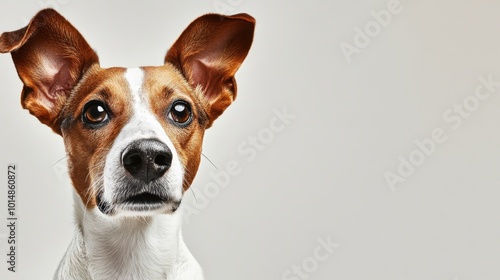 Dog with an exaggerated ear lifted, listening intently. Captured in a playful and expressive moment, great for pet care or animal behavior themes