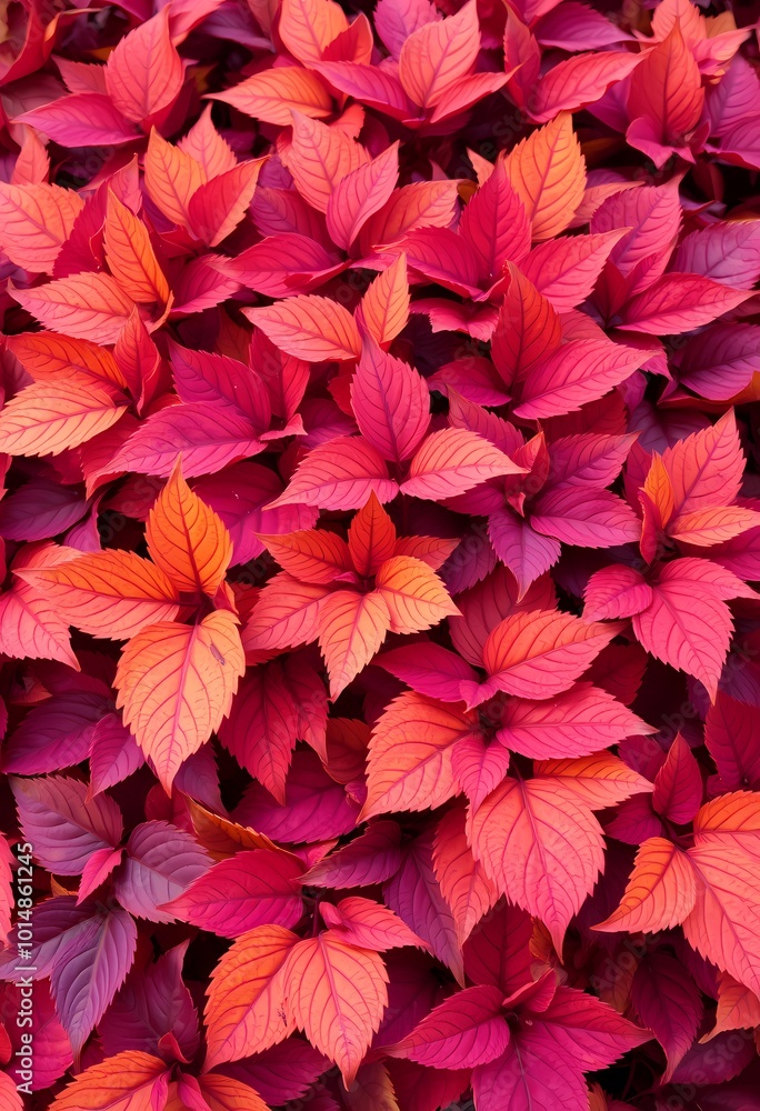 Fototapeta premium Dense Arrangement of Autumn Leaves in Bright Oranges, Deep Reds, and Purples with Blue Accents