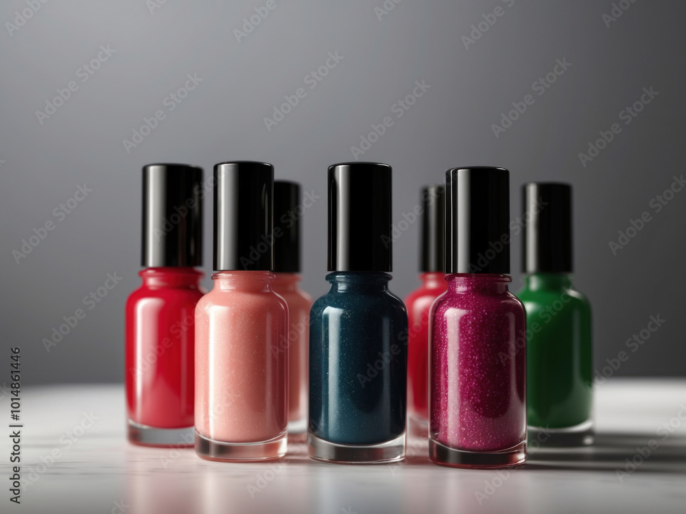 a set of small bottles with manicure nail polish varnish on the table. AI Generative a set of small bottles with manicure nail polish varnish on the table. AI Generative