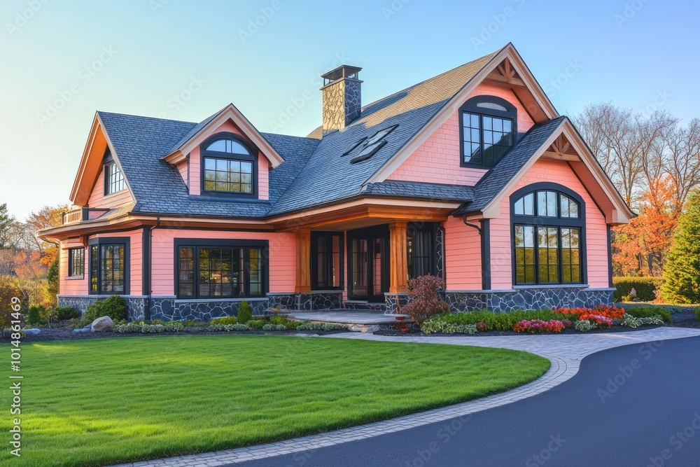 Home design with pastel coral accents in a traditional style, dark soapstone and oak details, expansive windows, sand-colored roof trim, a stamped asphalt driveway, and a manicured lawn Home design with pastel coral accents in a traditional style, dark soapstone and oak details, expansive windows, sand-colored roof trim, a stamped asphalt driveway, and a manicured lawn