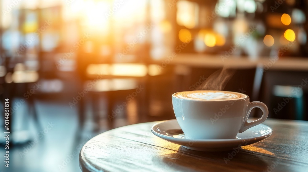 Cozy Cafe Moment: Steaming Cup of Coffee on Wooden Table Cozy Cafe Moment: Steaming Cup of Coffee on Wooden Table