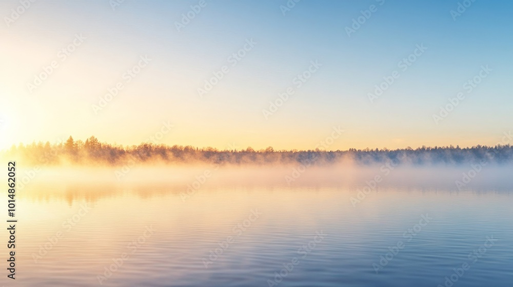 Tranquil Lakeside Sunrise: Serene Landscape Bathed in Golden Hues Tranquil Lakeside Sunrise: Serene Landscape Bathed in Golden Hues