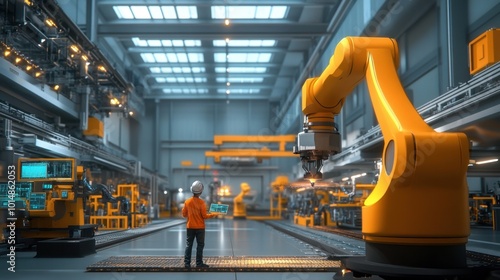 Engineer controlling welding robots in a smart automotive factory, using software tools to ensure accuracy in manufacturing operations.