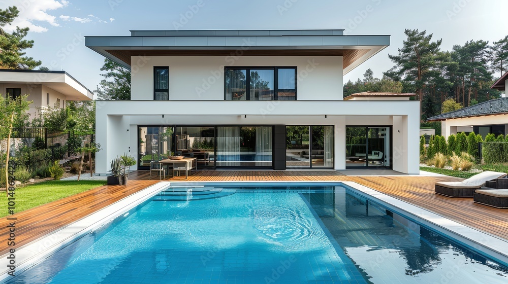 Fototapeta premium Modern minimalist house featuring a pool and wooden deck, with white walls and a light blue roof, showcasing an interior view of a living room and outdoor dining area