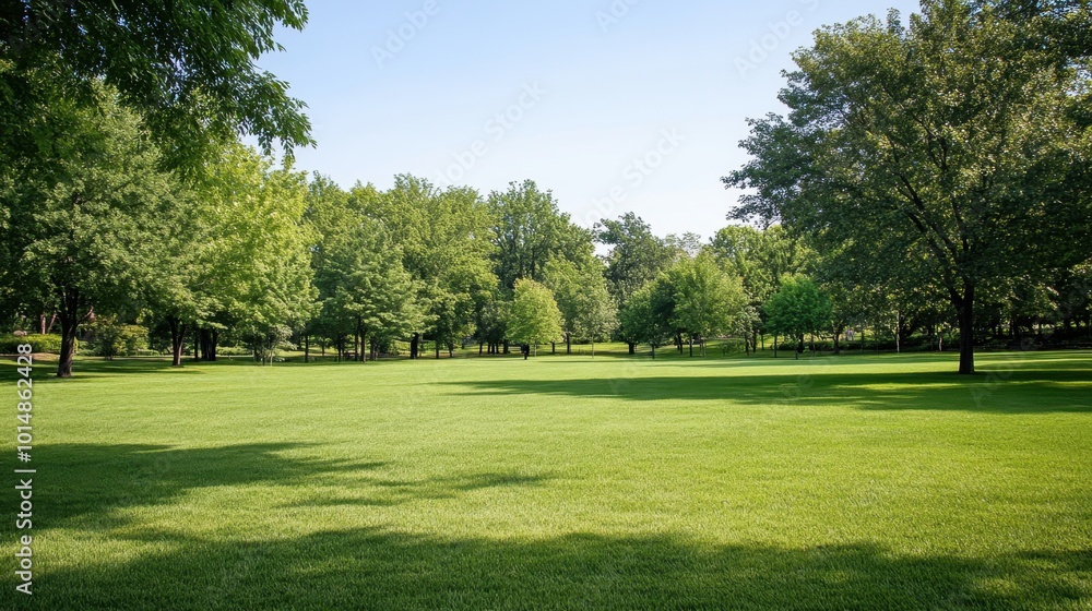 Expansive grassy field in a peaceful public park, mature trees lining the horizon, under a clear sky. Expansive grassy field in a peaceful public park, mature trees lining the horizon, under a clear sky.