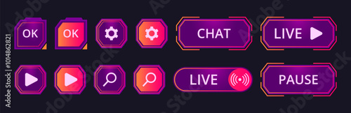 Gaming buttons and bars. Game streaming interface elements, futuristic game stream dashboard icons flat vector illustration set. Mmo game menu elements