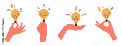 Hands with light bulbs. Glowing bulb idea metaphor, solution, innovation and creative idea flat vector illustration set. Great ideas concept