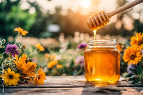 A glass jar filled with golden honey sits on a wooden table, surrounded by a vibrant array of colorful flowers in a picturesque garden setting. photo