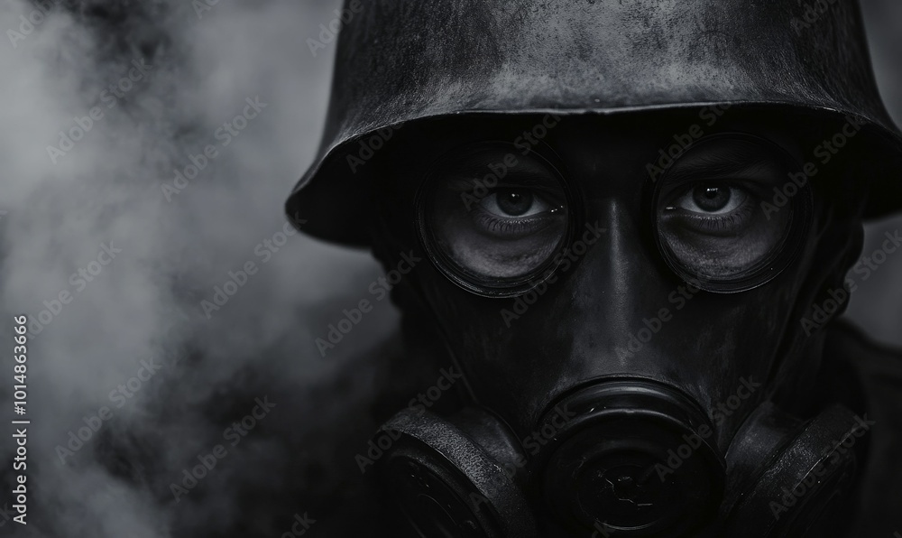 A person wearing a gas mask in smoke. A person wearing a gas mask in smoke.