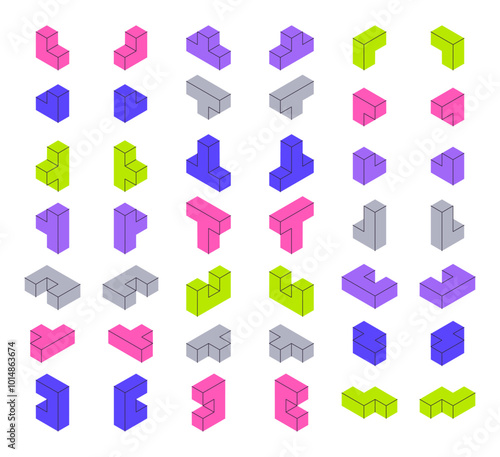 Isometric geometric shapes. Mosaic 3d blocks, colorful puzzle game cube blocks vector illustration set. Logic games constructor elements