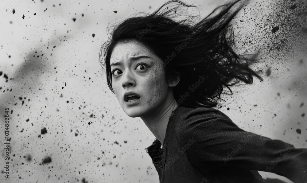 A woman with windblown hair, staring fearfully. A woman with windblown hair, staring fearfully.