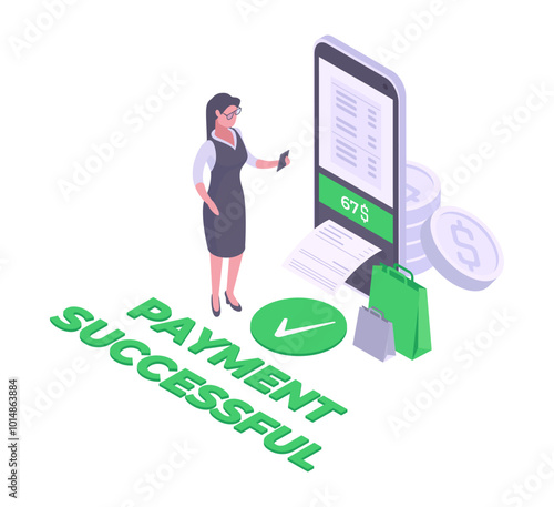 Isometric online shopping. Electronic payment service, mobile payments, online money transfer 3d vector illustration. Contactless payment concept on white background