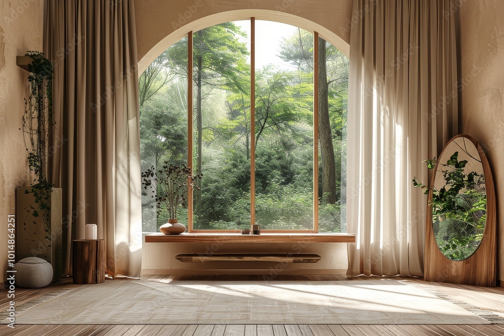 Modern room with large arched windows and beige curtains, featuring a wooden console and mirror, offering a view of the forest, designed in a minimalist style, 3D rendering mockup. Modern room with large arched windows and beige curtains, featuring a wooden console and mirror, offering a view of the forest, designed in a minimalist style, 3D rendering mockup.
