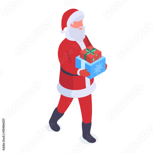 Isometric Santa mascot. Santa Claus Christmas character walking with gift boxes 3d vector illustration. Christmas holidays Santa Claus on white