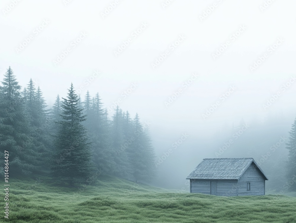 Fototapeta premium Escape to serene mountain retreats surrounded by a misty forest, brought to life in stunning 3D visuals that capture the essence of tranquility and adventure.