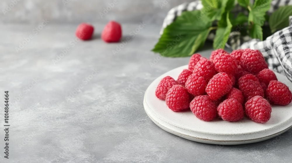 Freshly Picked Raspberries on a Plate against a Gray Background Freshly Picked Raspberries on a Plate against a Gray Background