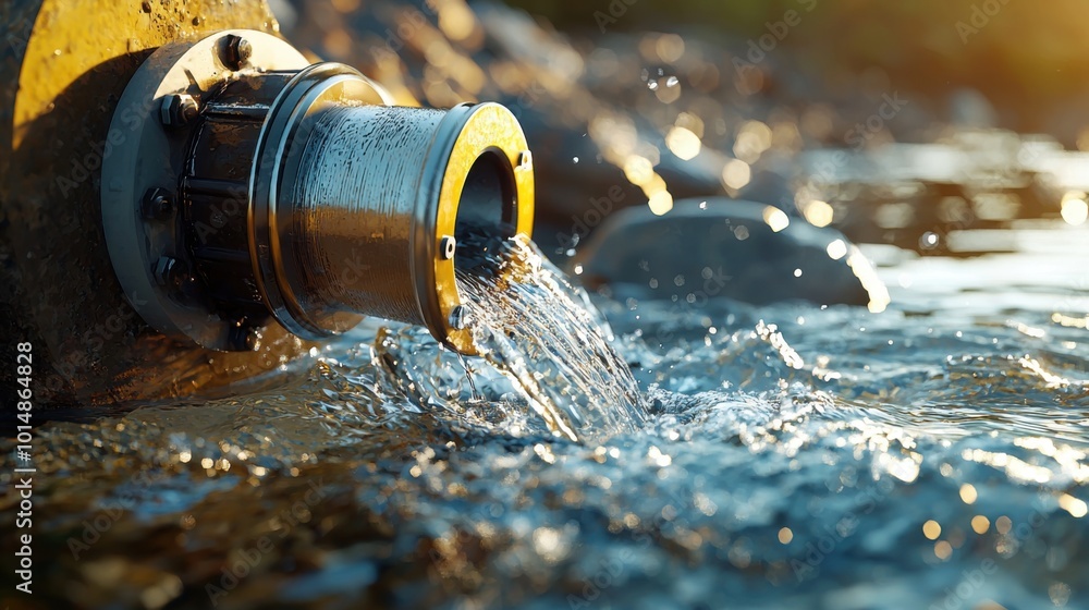 Fototapeta premium Power in Motion - Detailed Shot of Submerged Water Turbine Generating Energy with Swirling Water and Rocky Surroundings