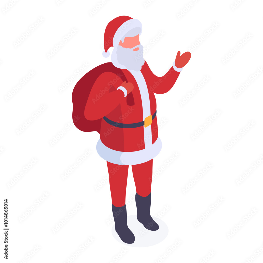 Santa Claus Christmas character. Isometric Santa mascot walking with sackful of gifts 3d vector illustration. Christmas holidays Santa Claus on white Santa Claus Christmas character. Isometric Santa mascot walking with sackful of gifts 3d vector illustration. Christmas holidays Santa Claus on white