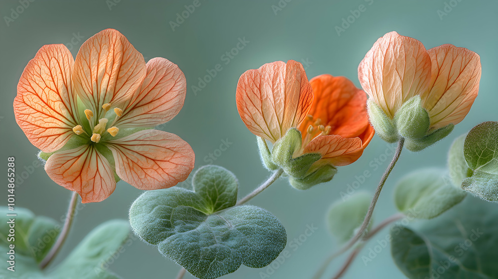 Obraz premium A close-up of red tropaeolum blooms a soft, blurred background