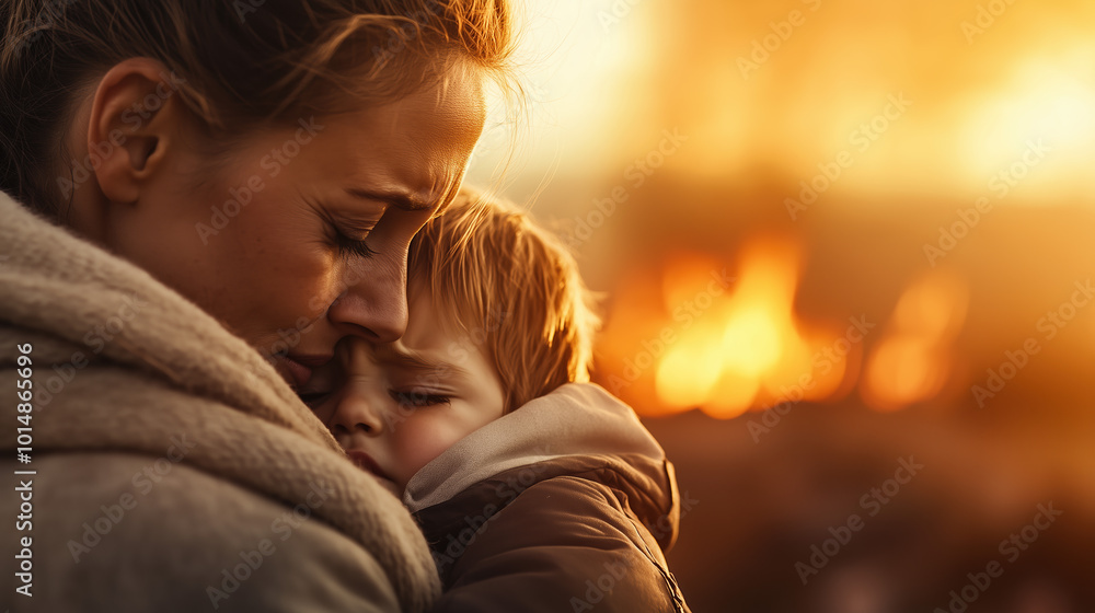 A mother shielding her child from a raging wildfire A mother shielding her child from a raging wildfire