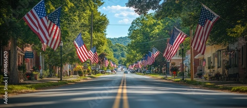 A picturesque street lined with American flags,  leading into a small town.