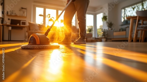 Modern Home Cleaning: Person Steam Mopping Polished Hardwood Floors in Stylish Open-Plan Living Room