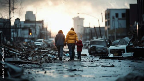 Family Navigating Through Tornado-Damaged Cityscape, Emphasizing Resilience and Survival Amidst Urban Chaos photo