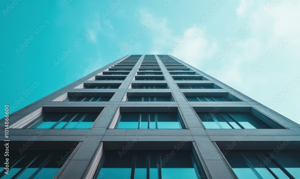 Low angle view of a modern skyscraper with a bright blue sky.
