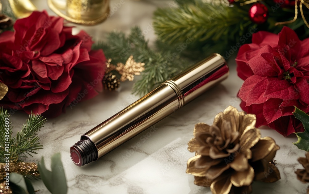 A luxurious lipstick tube rests among festive decorations, including red flowers and pine, evoking a holiday beauty theme. A luxurious lipstick tube rests among festive decorations, including red flowers and pine, evoking a holiday beauty theme.