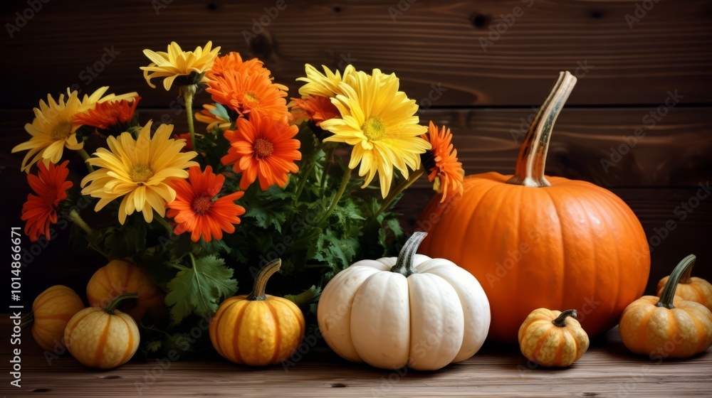 Autumn flowers and Thanksgiving pumpkins on a wooden table. Autumn flowers and Thanksgiving pumpkins on a wooden table.
