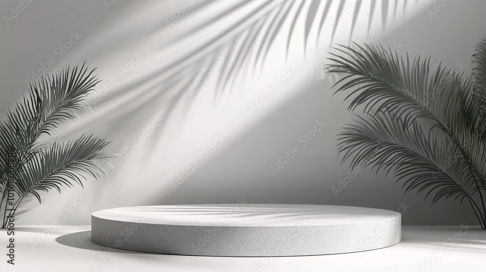 large round mockup. platform on white background. in studio. falling shadow of tropical leaves. large round mockup. platform on white background. in studio. falling shadow of tropical leaves.