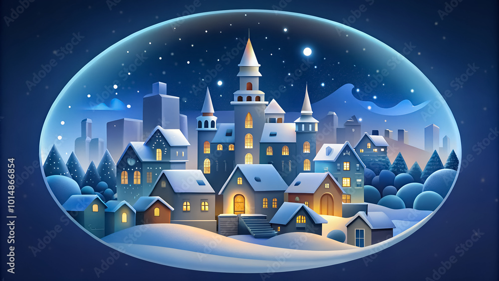 Fototapeta premium Seasonal winter card with night city. City landscape with houses, streets and trees in frosty snow. Color design of cityscape in flat cartoon grunge style, sticker, icon illustration.