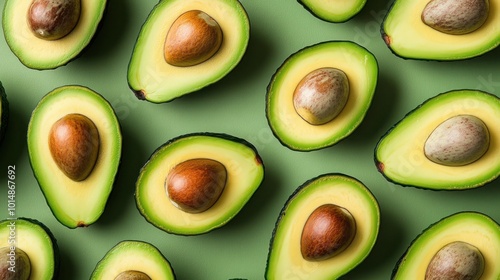 A flat lay of halved avocados on a green background.