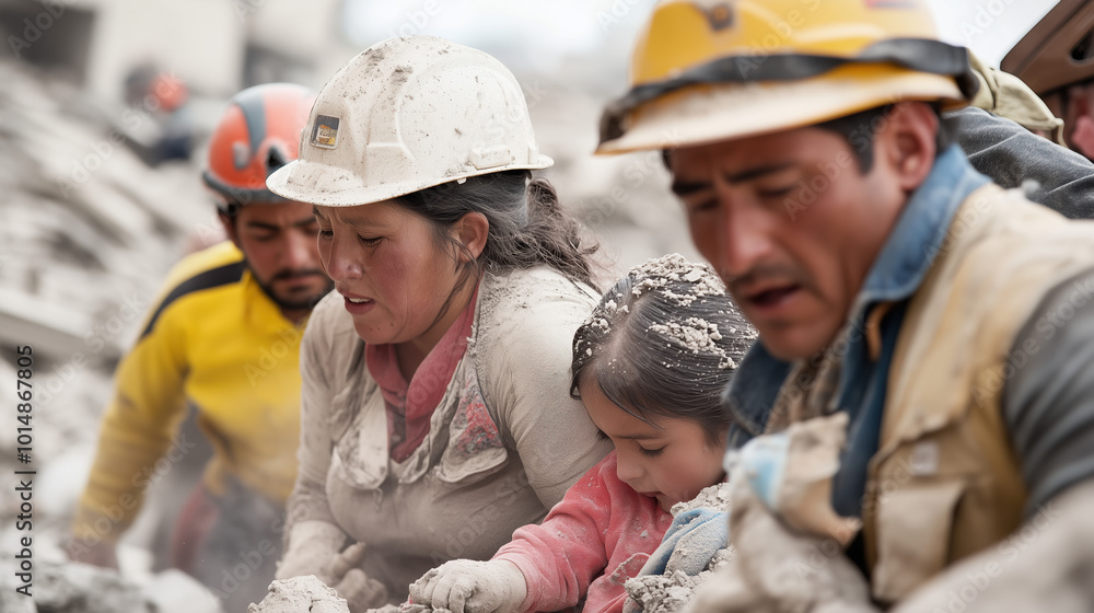 A family helping each other after a collapsed building during an earthquake A family helping each other after a collapsed building during an earthquake