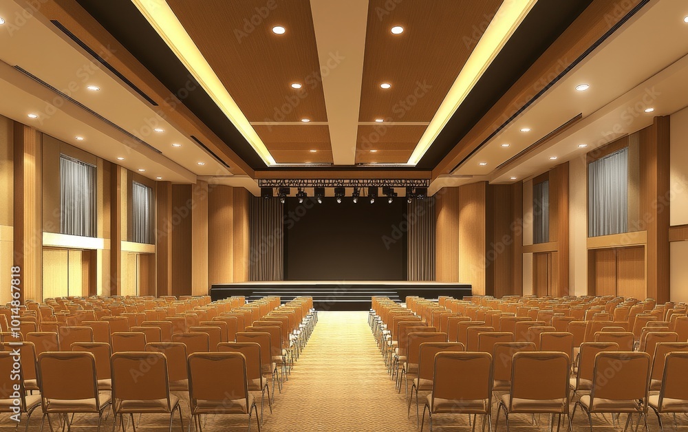 Fototapeta premium A spacious auditorium with rows of chairs facing a stage, designed for events, presentations, or performances.