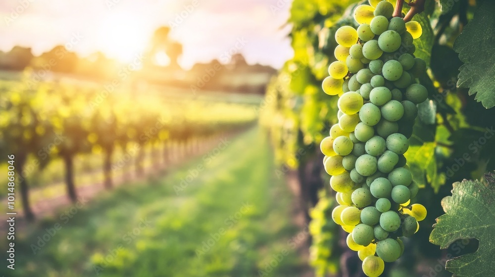 Fototapeta premium Lush Vineyard at Sunset with Ripe Green Grapes